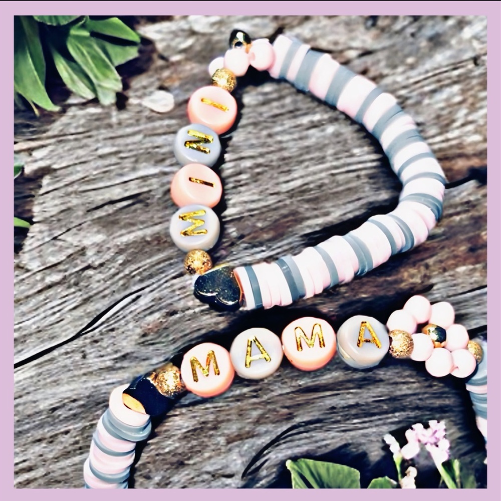 Mama & Mini Pink and gray Beaded Bracelet set